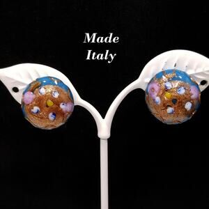 Vintage Italian Wedding Cake Clip Earrings, Blue Pink Roses  1940s